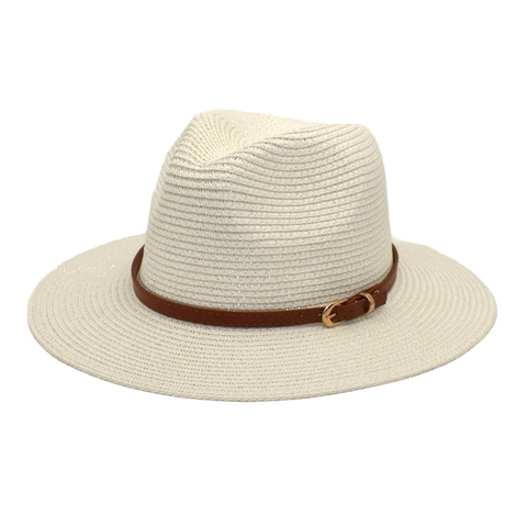 Women Straw Fedora Hat Wide Brim Summer Panama Beach Sun Cap With Leather Belt Decoration Breathable