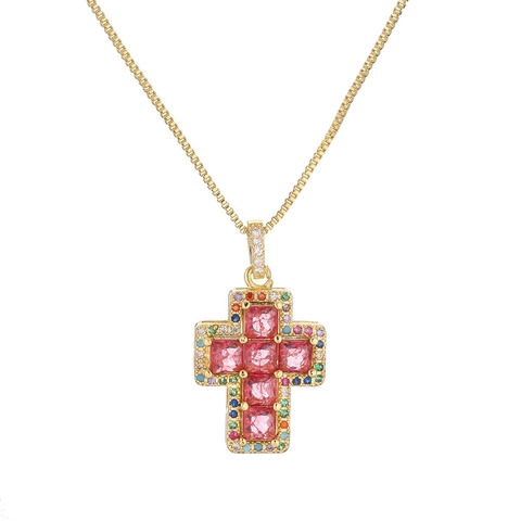 Collana Con Ciondolo A Croce Zircone Colorato Rame Micro Pave Placcato Oro Gioielli Di Design Per Donna