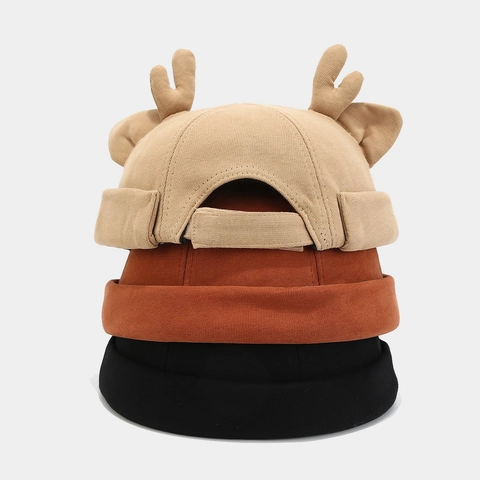 Antlers Orejas Sombrero Docker Sin Ala Gorra De Melón Mujer Otoño Invierno Navidad Cosplay Kawaii Color Sólido Gorro Cálido