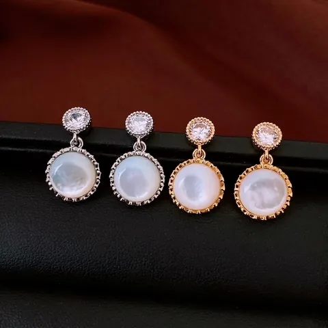 Ronde Hanger Oorbellen Met 925 Sterling Zilveren Oorsteker Zirkoon Koper Hars Schelp Vintage Elegante Sieraden Vrouwen