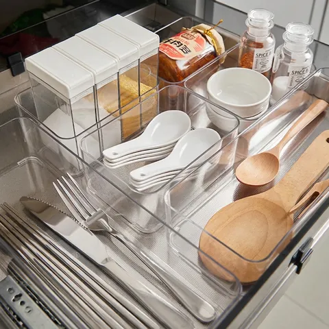 Organizzatore Per Cassetti In Plastica Trasparente Contenitori Divisori Modulari Impilabili Per Cucina Posate Trucco Ufficio