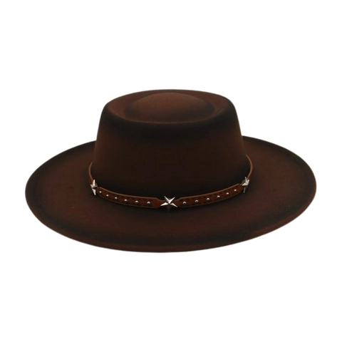 Women Wide Brim Fedora Hat Wool Felt Gradient Two Tone Western Cowboy Style Leather Belt Star Rivets Flat Top Jazz Hat