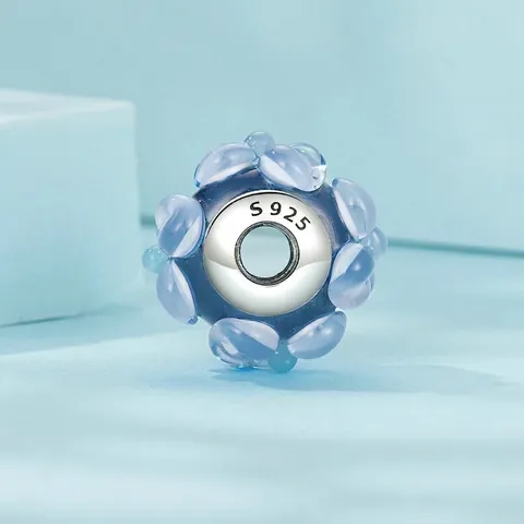 Blue Flower Murano Glass Charm Bead With 925 Sterling Silver Core For DIY Bracelet Making Fresh Floral Jewelry Accessories