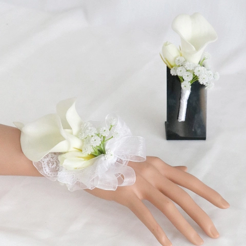 Weißer Calla-Lilie-Ansteckstrauß Und Handgelenk-Korsage PU Künstliche Blume Für Hochzeitsfeier Bräutigam Braut Brautjungfer
