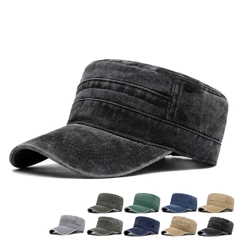 Washed Cotton Cadet Cap Vintage Flat Top Military Hat Adjustable Sun Protection Outdoor Casual For Men