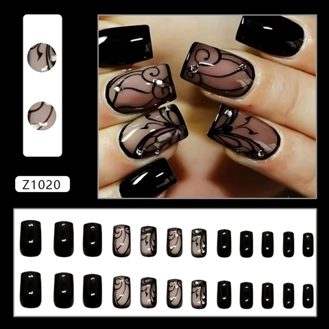 Press On Nails Dark Vine Rhinestone Glossy Black Square Fake Nails For Women Gothic Sweet Cool Fashion