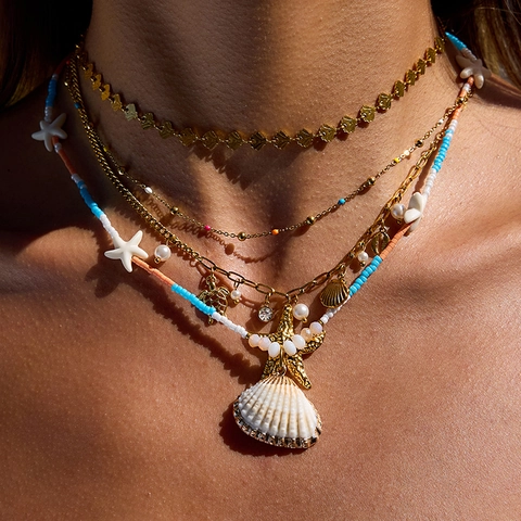 Collar De Cuentas De Acero Inoxidable Con Colgante De Concha Y Estrella De Mar Chapado En Oro De 18K