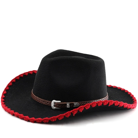 Western Cowboy Hat Wide Brim Polyester Felt Vintage Ethnic Style With Faux Leather Band And Metal Buckle For Men Women