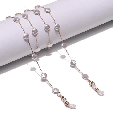 Gold Metal Glasses Chain Strap With Flat Round Artificial Pearls Anti Slip Eyewear Lanyard For Sunglasses Mask
