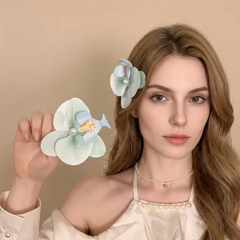 Orchidee Bloem Haarklem Gradiënt Stof Bloemblaadjes Met Imitatieparel Legering Eendenbek Haarspeld Elegante Florale Vrouwen