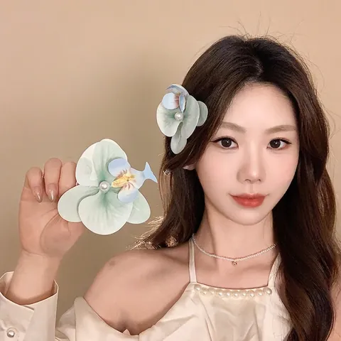 Pinza De Pelo De Flor De Orquídea Pétalos De Tela Degradados Con Perla Artificial De Imitación Horquilla De Aleación Elegante Para Mujer