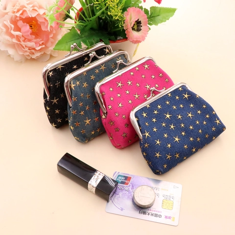 Vintage Denim Kiss-Lock Coin Purse For Women Gold Star Pattern Mini Small Change Pouch For Coins Cards Storage Bag