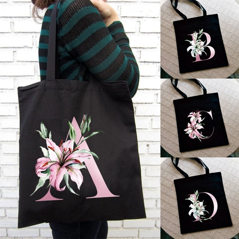 Bolso De Lona Con Estampado De Letra De Lirio Rosa Bolso De Hombro De Mano Moda Alfabeto Floral Ecológico Mujeres