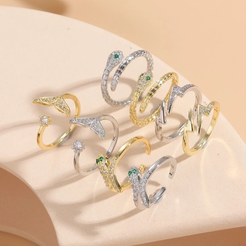Open Adjustable Ring Copper Zircon Snake Head Fish Tail Geometric Design Fashion Niche Jewelry For Women