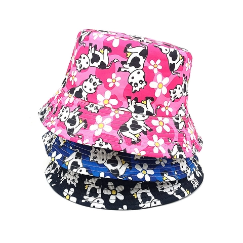 Kids Bucket Hat Polyester Sun Protection Cute Cow Daisy Print Outdoor Summer Sun Hat