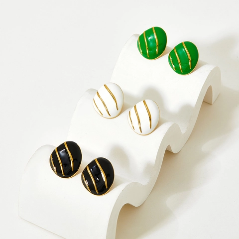 Pendientes De Boton Ovalados De Acero Inoxidable Vintage Esmalte Rayado Geometrico Estilo Frances Chapado En Oro Para Mujer