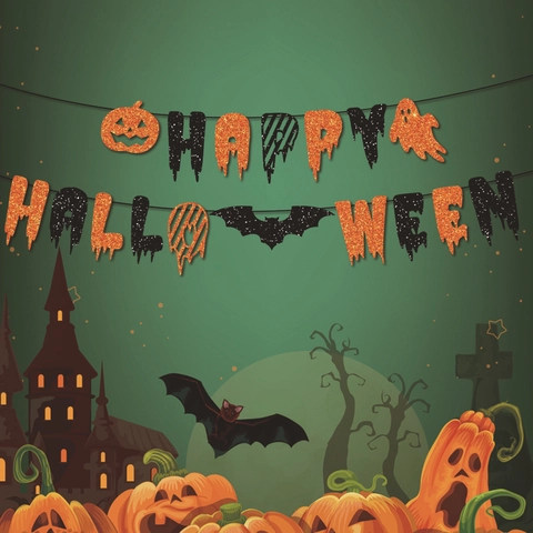 Halloween Banner Happy Halloween Hanging Swirl Decoration Glitter Paper Party Decor Pumpkin Bat Ghost Theme