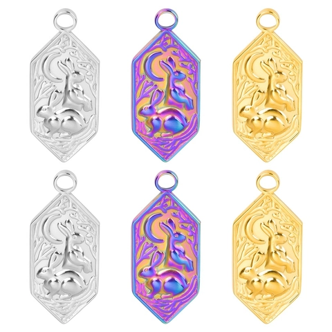 Collana con Ciondolo Coniglio Luna in Acciaio Inossidabile Vintage Esagono Rilievo Animale Galvanico Oro Argento