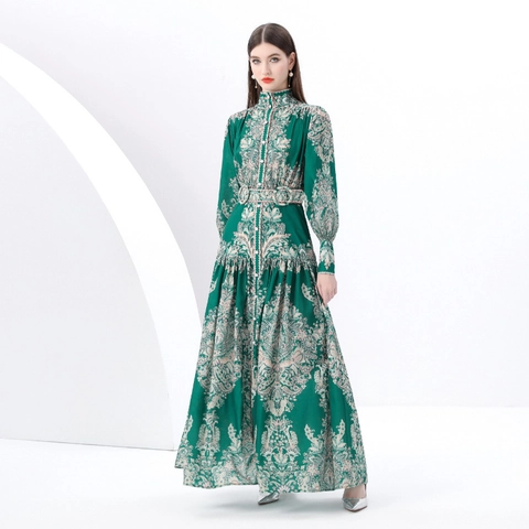 Vintage Paisley Print Maxi Dress Long Sleeve Stand Collar Lantern Sleeve Elegant Polyester Belted Dress