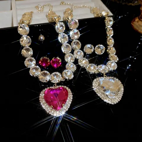 Heart Pendant Necklace And Round Stud Earrings Alloy Rhinestone Zircon Sparkly Luxury Elegant Jewelry For Women