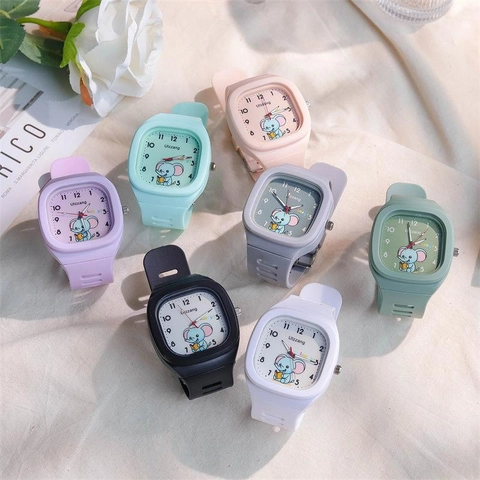 Orologio Al Quarzo Quadrato Cinturino In Silicone Luminoso Motivo Elefante Cartone Animato Orologio Da Polso Analogico Per Bambini Donne Stile Coreano
