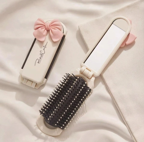 Spazzola Per Capelli Pieghevole Portatile Con Specchio Massaggio Cuscino D'aria Compatto Pettine Viaggio Stile Carino