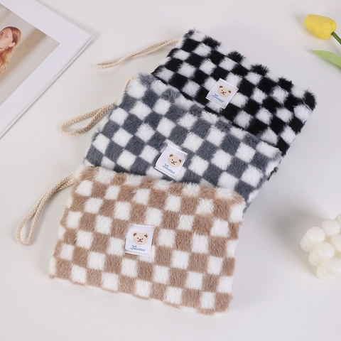 Plush Checkerboard Pencil Case Cute Bear Makeup Bag Fuzzy Portable Cosmetic Storage Pouch With Hand Strap Ins Style