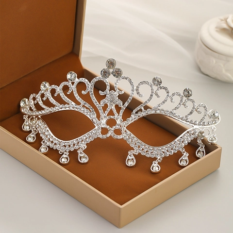 Vintage Luxury Silver Alloy Rhinestone Masquerade Mask With Teardrop Tassels Bridal Crown Headwear For Wedding Evening Party Women