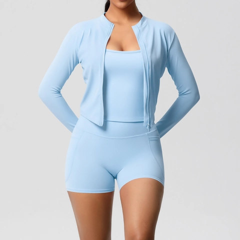 Women Yoga Athletic Outfit With Zipper Jacket Slim Fit Camisole And High Waist Pocket Shorts Quick Dry Sports Activewear