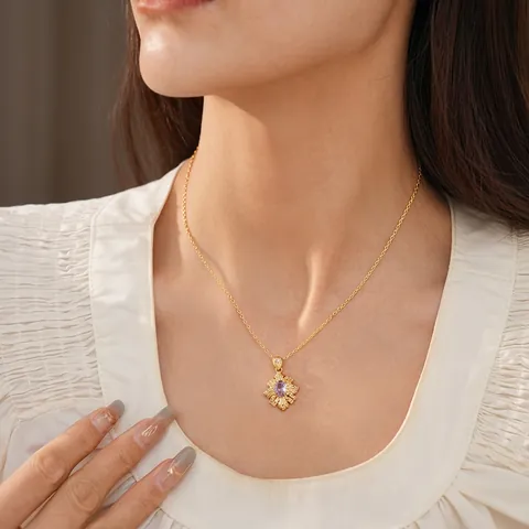 Vintage Paarse Zirkoon Bloem Hanger Ketting Koper Verguld Franse Luxe Retro Sleutelbeen Ketting Voor Vrouwen
