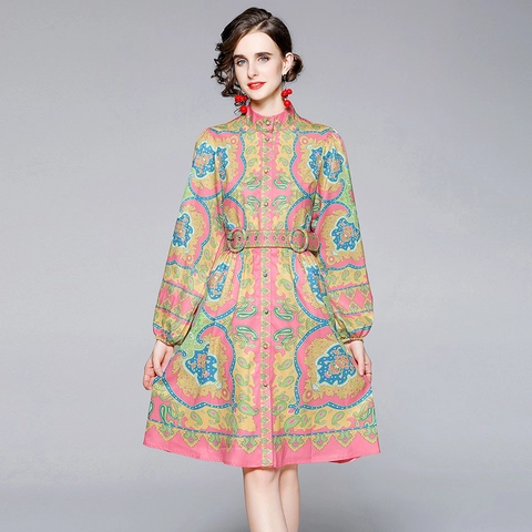 Paisley Print Midi Jurk Opstaande Kraag Lange Lantaarnmouw Elegante Polyester A-Lijn Jurk Met Riem Voor Dames Vintage