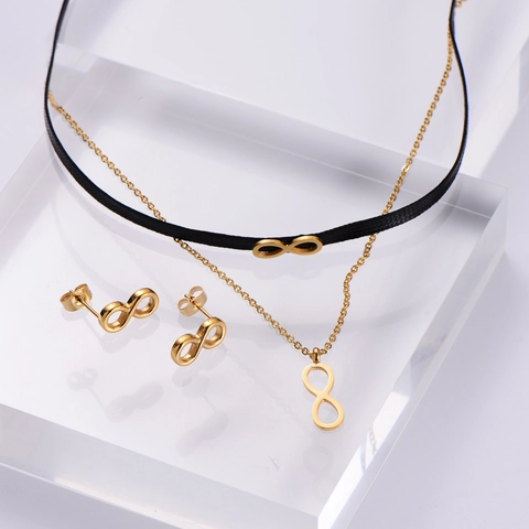 Gioielli Simbolo Infinito Includono Collana Doppio Strato E Orecchini A Lobo Acciaio Inossidabile Placcato Oro Cordino Nero Choker