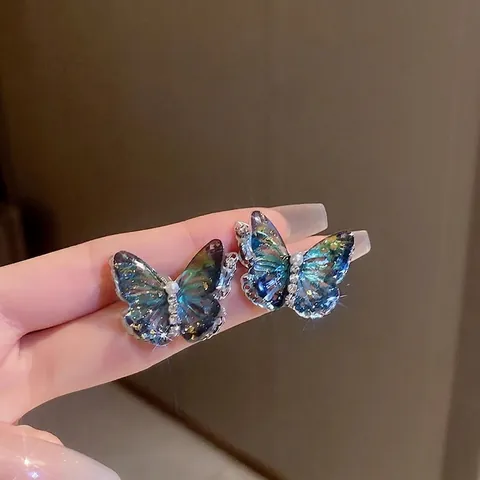 Pendientes De Mariposa Degradado Azul Verde Con Poste De Plata De Ley 925 Aleación Circonita Perla Artificial Joyería Elegante Brillante