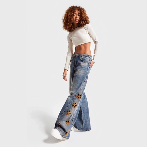 Women High Waisted Wide Leg Jeans Washed Blue Denim Cotton Floral Cutout Embroidery Vintage Casual