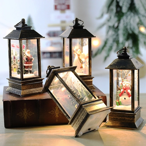 Retro Weihnachts Laterne LED Wassergefüllt Mit Glitzer Weihnachtsmann Schneemann Interieur Vintage Tischdekoration