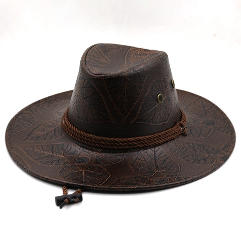 Western Cowboy Hat Faux Leather Maple Leaf Embossed Wide Brim Sun Protection Outdoor Travel Style For Men Women