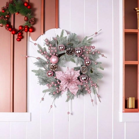 Pink Christmas Garland With Artificial Poinsettia Flowers Berries Shiny Balls Natural Pine Cones Snow Flocked Pine Needles For Home Wall Decor