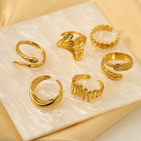 Bagues Ouvertes Ajustables En Acier Inoxydable Plqué Or 18K Femme Minimaliste Serpent Feuille De Ginkgo Plume Géométrique Ins