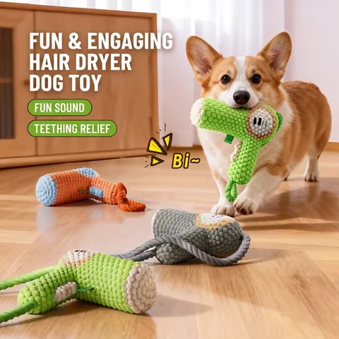 Hair Dryer Shape Dog Squeaky Toy Popcorn Fabric Teeth Cleaning Chewing Interactive Play Cotton Rope Handle Novelty Puppy