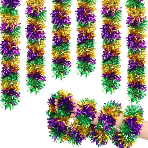 Mardi Gras Tinsel Garland Streamer Purple Green Gold Metallic Foil Carnival Party Home Hanging Decor Festive Ornament