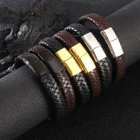 Herren Geflochtenes Lederarmband Mit Edelstahl Magnetverschluss Minimalistischer Punk Flecht Handschmuck Für Den Alltag