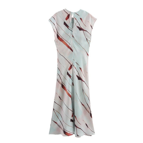 Women Abstract Print Satin Maxi Dress Sleeveless Crew Neck Elegant High Waist Backless Party Long Dress