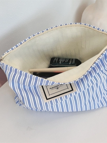 Borsa Per Cosmetici In Tela A Righe Blu Bianco Trousse Da Viaggio Grande Capacità Organizzatore Di Articoli Da Toeletta