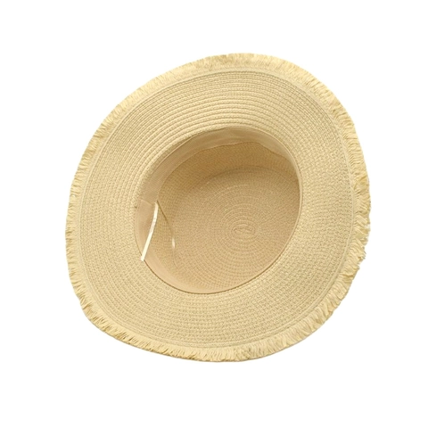Cappello Di Paglia Boater Cima Piatta Falda Frangiata Protezione Solare Estate Spiaggia Vintage Con Cintura Di Cuoio