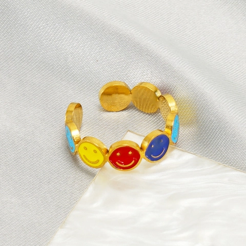Colorful Smiley Face Enamel Band Ring Stainless Steel 18K Gold Plated Adjustable Opening Fashion Jewelry For Women Men