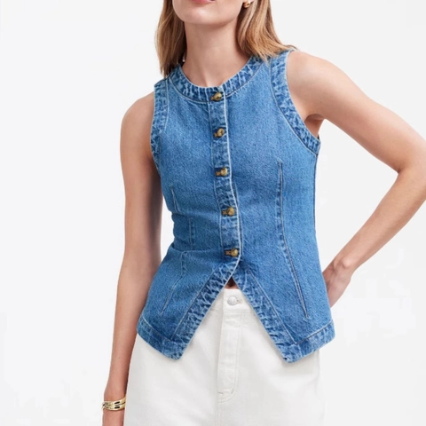Gilet Di Denim Donna Slim Fit Senza Maniche Girocollo Bottoni Denim Lavato Casual Streetwear Top Blu