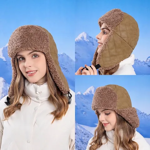 Cappello Trapper Invernale Bomber Fodera In Finta Lana Di Agnello Trapuntata Antivento Caldo Sci All Aperto Fibbia