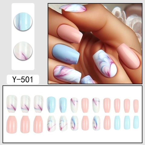 Uñas Postizas Coffin Azul Blanco Mármol Degradado Brillante Larga Cobertura Completa Manicura Artificial