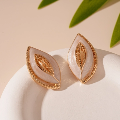 Vintage Leaf Stud Earrings With Silver Earring Post And Brass Enamel Pearlized Detail French Style Elegant For Women