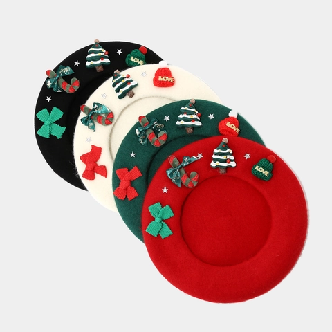 Christmas Beret Hat Wool Blend Warm Festive Artist Cap For Women With Santa Tree Bow Decorations